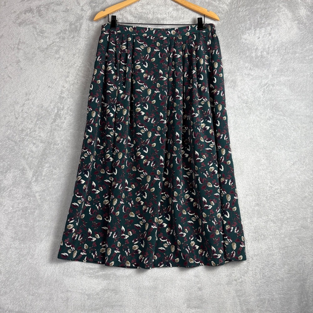 Vintage Midi Skirt Dark Green Floral Pleated XL Dark Academia Grunge Boho
